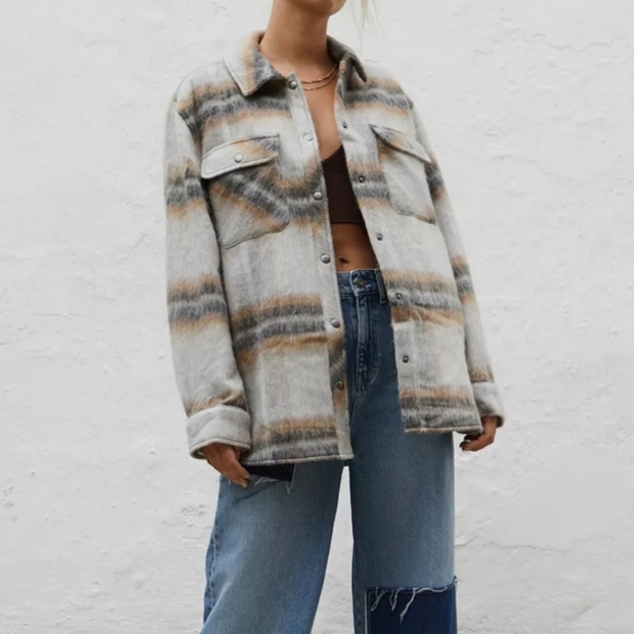 UO URBAN OUTFITTERS Grey Plaid Shirt Jacket Shacket sz large - Picture 8 of 9